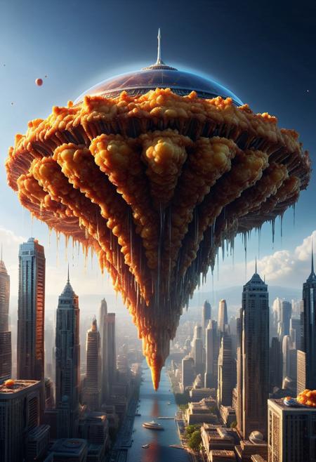 Ultrarealistic. sharp focus, dynamic lighting. play of light, Raytracing, Ultra detailed. (((DFC Style))). A huge alien spaceship made of deep fried & crispy breading over a modern city.