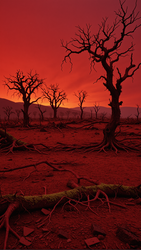 suspiria, cinematic.
Amidst a fiery, crimson sky, a desolate landscape unfolds, marked by barren trees with twisted branches and moss-covered rocks. The ground is littered with shrubs and debris, hinting at a land that has seen better days
<lora:suspiria-SDXL-v1:1>