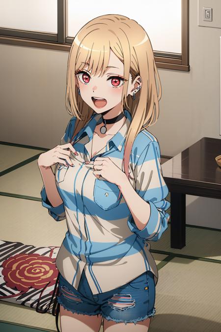 best quality, (masterpiece:1.2), detailed,
<lora:chara_SonoBisqueDoll_KitagawaMarin_v1:0.8>, kitagawa marin sb,
1girl, solo, open mouth, teeth, smile, earrings,
long hair, blonde hair, red eyes, multicolored hair,
black choker, collared shirt, blue shirt, (striped shirt:1.4), denim shorts, breast pocket, medium breasts,
standing, looking at the viewer,
indoors, tatami