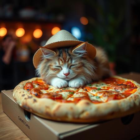 cute adorable and fluffy cat sleeping ontop of a pizza what rests ontop of a pizza box, cat is wearing a tophat, (hawaii atmosphere) mntnnc_md_plz_stand_by, fluffy wild kitty cat, NightScapes, pizza, neko, cat, feline, cheese strings, juicy, perfectly baked pizza, juicy hawaian pizza, cozy atmosphere, creative light overlay, 4k, masterpiece, (masterpiece), best quality, (4K), (cinematic lighting), highly detailed, 8K, UHD, ultra detailed, immersive picture, vivid colors, volumetric light, cinematic light,