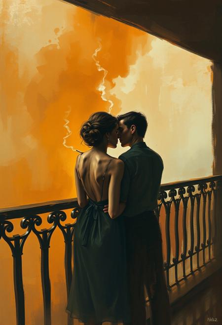 Two lovers share a cigarette on a hotel balcony, their faces turned away as the background melts into abstract sweeps of ochre and smoke., cinematic realism, expressive abstraction, emotional portraiture, narrative intimacy, romantic melancholy, painterly distortion, textured brushwork, fragmented figures, soft chiaroscuro, vintage fashion, blurred edges, atmospheric mood, contemporary figurative art, subdued color palette, sensual vulnerability, visual storytelling, gestural marks, longing and memory, dreamlike decay, noir elegance