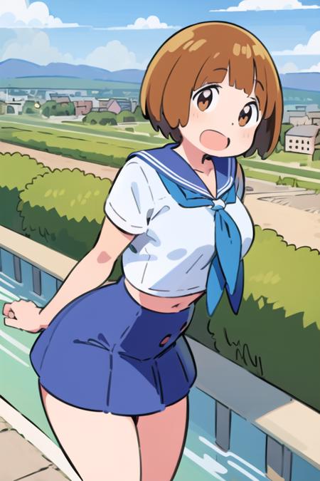 ((ultra detailed)), ((illustration)), beautiful, amazing, (((masterpiece))), mankanshoku mako , 1girl, school_uniform, town, city, <lora:Test-000005:1>