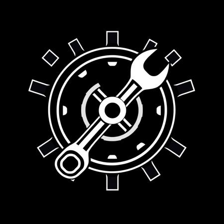 (stylized logo, emblem, vector art), (a wrench fitted into a wheel in the form of a circle), (solid colors, thick-linework), white outline, black background, 
a wrench fitted into a wheel symbol white in the center, heraldic, black background, HDR, UHD,