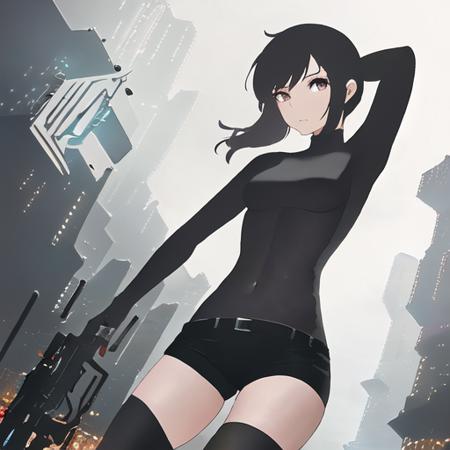 1girl, solo, bodysuit, short shorts, zettai ryouiki, looking at viewer, navel, scifi, science fiction, cyberpunk, holding weapon, cyborg, masterpiece, best quality  <lora:add_detail:-1.99>     <lora:pokfx_dramatic:-2.02>