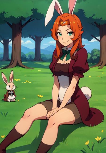 <lora:gate_d:0.8>, gate_d, rabbit girl, sitting, grass, smile