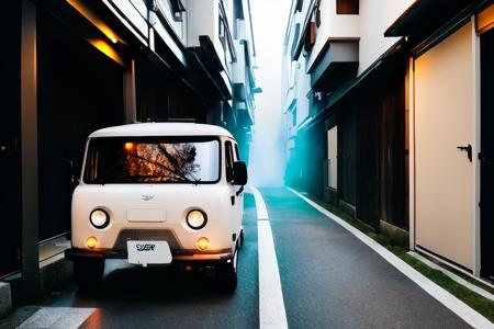 ((UAZSGR)), <lora:UAZSGR:.8>, (STANCE)  ((low-slung van)), on a narrow kyoto alley, japanese architecture, foggy street at night, bokeh, depth of field, 1 car,