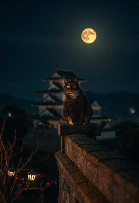 (Soft Lighting Photography by Mimoza Veliu and Mario Giacomelli:1.2), NSFW,  a cat sitting high on a Japanese castle wall.  The background is of a Japanese castle, full moon, laterns, japanese garden.
