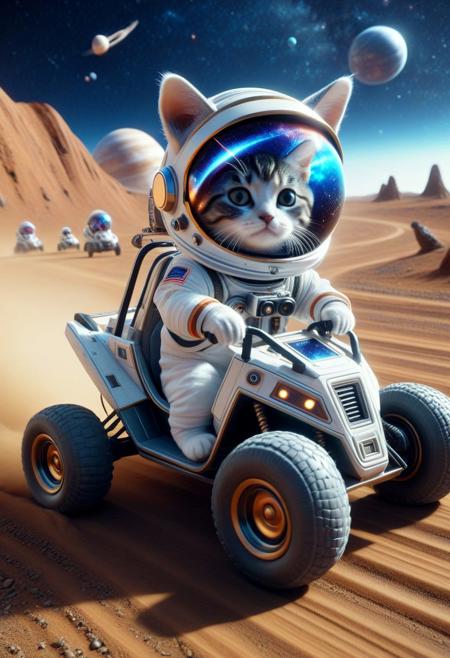 (made of CosmicStyle:1.3),  CosmicStyle, from side, closeup cute small 4WD buggy made of CosmicStyle, astronaut cat driving, wear round goggles, wear animal ears helmet, wear astronaut suit made of CosmicStyle, run through on space planet dirt road, Dust, (surround by multiple cute small buggys:1.2), space, galaxy, cinematic, cinematic lighting, (masterpiece, best quality:1.4), ultra-high res, 4k, Photorealistic, insanely detailed, sfw,