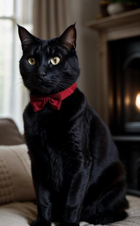 cinematic film still (top-quality, 8K, masterpiece:1.3) 
A photo of a cute, black cat, playing with a ball of yarn, wearing a tiny red bow tie, in a cozy living room setting taken with a 50mm prime lens, highly detailed, detailed skin, soft natural lighting
 <lora:epi_noiseoffset2:1> . shallow depth of field, vignette, highly detailed, high budget, bokeh, cinemascope, moody, epic, gorgeous, film grain, grainy