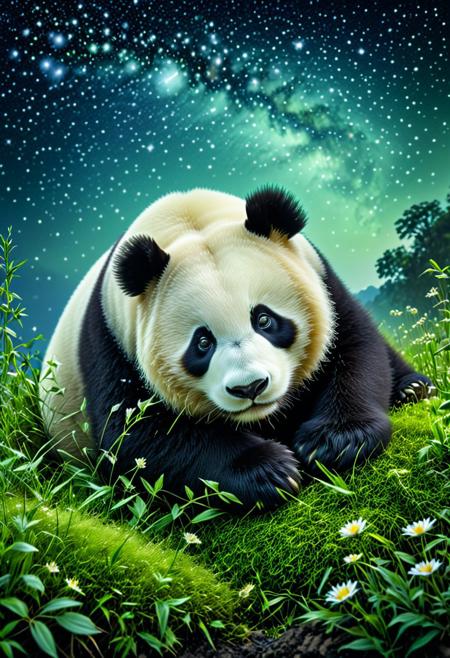A panda exhibiting a unique feature: its fur is a delicate shade of pale green rather than the typical black. This gentle giant is found slumbering beneath a starry sky, creating a serene and captivating scene.