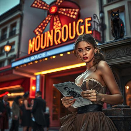 (((Two sexy female 19th Century French Prostitutes lifting their skirts soliciting in front of Moulin Rouge))), Setting is Paris 1890 in front of the Moulin Rouge Theatre, It is Dusk and the Moulin Rouge is lighting up the facade with a large extravagant sign lit by light bulbs. There are several beautiful women in front of the theatre dressed in period appropriate 1890's sexy French Burlesque bustier and skirts, their cleavage is on display to lure customers as they pose to attract the well dressed French men walking by, All People are appropriate clothing for 1890 Paris, A sleek black cat with red collar sits on a nearby roof watching the scene. The focus is (((a beautiful woman, 24 years old, is standing in the foreground facing the viewer handing out a leaflet with the Moulin Rouge's likeness drawn upon it. Her eyes are beautiful and focused on the viewer, she has an expression of interested curiosity))), the woman is dressed in Sexy French Burlesque dress with abundant cleavage as she bends over to entice potential customers, her skirts are short enough to display her garter belt and hose. The woman's hair is elegantly tied up with a ribbon. Artistic French and Bohemian aesthetic, dynamic perspective, (((1890's Moulin Rouge scenery))). Epic image that elicits a feeling of wonder and awe,