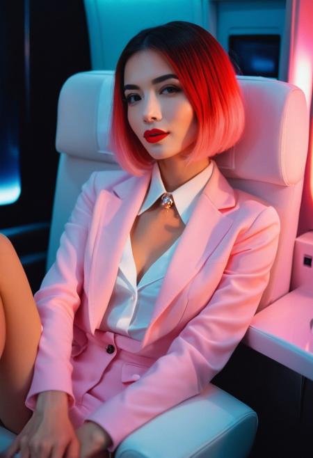 a sexy Flight Attendant leans back against plush cushions, revealing a deep cleavage. Her cheeks are delicately flushed, hinting at both alcohol and arousal, while her striking pink lipstick contrasts beautifully with her porcelain white skin. One breast out, pink nipple, (Ombre Bob hairstyle:1.4),  feminine thin necklace, cinematic, HD, analog film noise grainy photograph, The rich atmosphere is filled with whispered secrets and lingering glances, making her allure irresistible. Bathed in the sultry glow of orange LED lights,