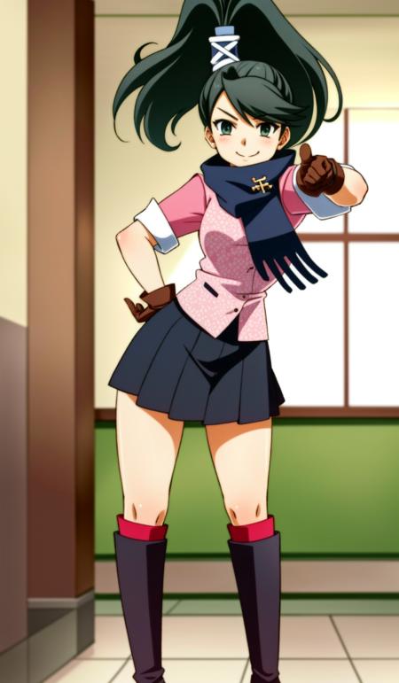 1girl, solo, looking at viewer, full body, indoors, courtroom, hdr, soft smile, <lora:kay_faraday_12:1>, kay faraday, black hair, green eyes, high ponytail, sleeves rolled up, hair ornament, key, scarf, pink shirt, ace attorney, ace attorney investigations, karakusa \(pattern\), breasts, black skirt, pleated skirt, kneehighs, knee boots, brown gloves, miniskirt, pointing