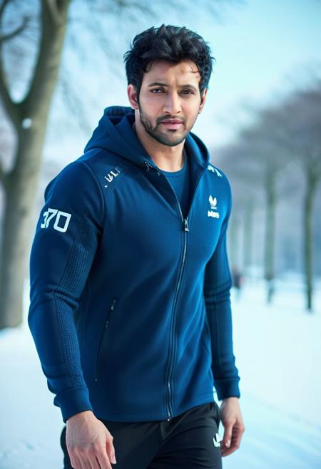 Ultra-detail, (highres:1.1), best quality, (masterpiece:1.3), Ultra Realistic cinematic Photo, dynamic posture posing in snowy park, mahesh babu a man <lora:Rohit-Saraf_Mahesh-Babu:1>, from side, walking, fitness champion, handsome Mr. World, perfectly shaped, symmetrical muscled body with six-pack abs, pecs, biceps, thin waste, V-shaped back, symmetrical face, perfect jawline, modern haircut, dark blue eyes, high detailed white skin, high detailed face, realistic pupils, realistic eyes, high detailed eyes, realistic iris, 8k UHD, soft lighting, high quality, film grain,