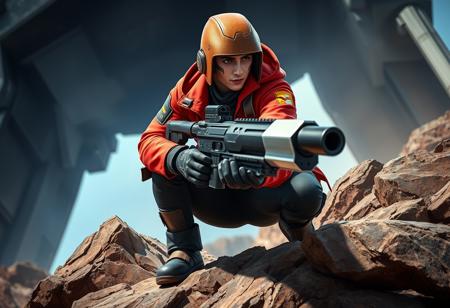 Cinematic Photorealism: A highly realistic cinematic photograph of a male cosplayer embodying an Overwatch character. He wears a vibrant red jacket and black pants. A detailed brown helmet covers his head. He is actively crouching on a rugged, rocky outcropping, holding a large, formidable black gun with a gleaming silver barrel, poised for immediate action. The background features a massive, imposing structure hinting at an iconic game location. The lighting is dramatic, casting sharp shadows and highlighting textures. His pose conveys alertness and readiness. The image captures the intensity and adventure of the game world. High-res, 4K, Exceptional Quality, More Detail, Lifelike Details, Super Detailed Face and Eyes and Clothes, Handcrafted with Precision, High Quality, Sharp Lines and Brush Strokes, Stunning Colors, Harmonious Colors, Multi Colored, Contemporary Aesthetics, Beautiful Matte Painting, Impeccable Composition, Creative Angle, Attractive Background, Balanced Editing, Intentional Focus, Well-timed Moment, Isometric, Dynamic Action Pose, Captivating Lighting, Grammer Effect Style, Splash Ink Illustration, Octane Render, Unreal Engine 5, Raphael Style, Houdini Style, Vivid Emotions, Joyful Impact, Powerful Message, Beautiful Detailed Eyes, CGSociety, Artstation Trending on ArtstationHQ, Golden Ratio.