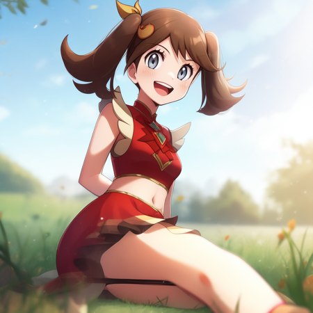 1girl, brown hair, grey eyes, twintails, midriff, navel, red dress, red wristband, sleeveless, hair ornament