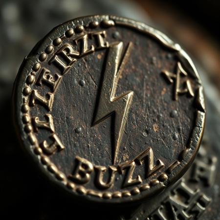 Closeup of a ancient Rome detoriated coin with lightning bolt symbol and text in ancient font saying BUZZ, realistic, masterpiece, dramatic light, depth of field