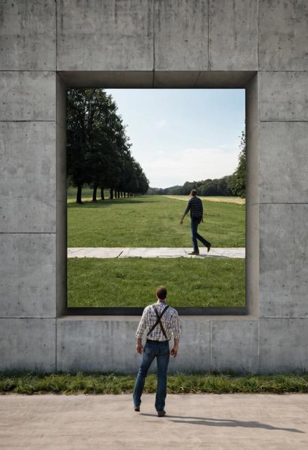 optical illusion - the illusion of mirrors digital art, 
composition:a square mirror was placed against a huge concrete fence, 
the reflection in the mirror shows a man walking across the field