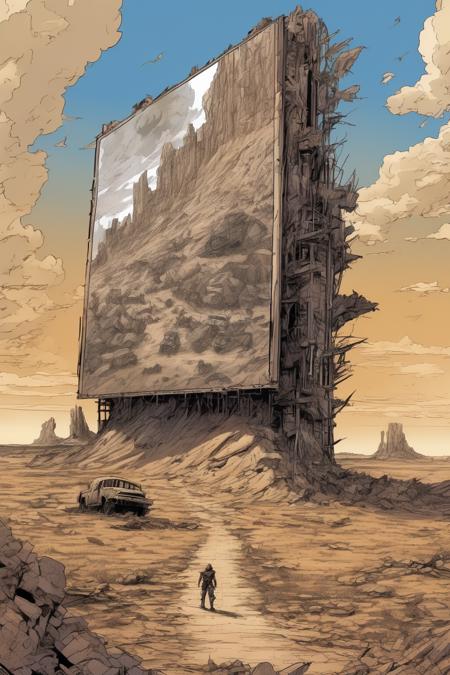 Josh Kirby Style - a giant billboard in the middle of the badlands, positioned straight towards the camera, post apocalypse setting, ruins all over, drawn in comic book stype inspired