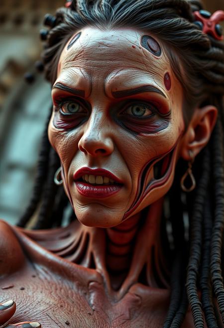 full body image of a gorgeous biomechanical zombie realistic woman, highly detailed and textured, low angle, very realistic and impressive, fantastic dramatic color, 4K, HDR, SHARP