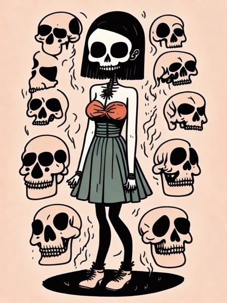 <lora:GemmaCorrell:1>skull woman in strapless dress character design by Gemma correll