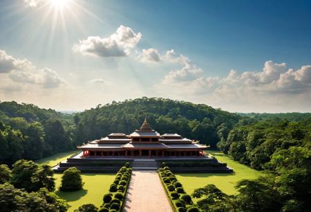 Very beautiful a imaginary temple site, sunny blue sky background and large dense forest. Very realistic photography.