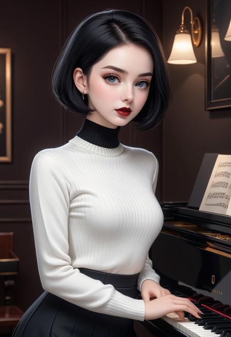 (score_9, score_8_up, score_8:1.2), (1girl, solo, masterpiece, 8k, HDR,), a beautiful and alluring young woman, (pale white skin:1.2), blushing, (black short hair:1.2), (middle-part hair:1.2), light blue eyes, black lipstick, dark eyeliner, chain choker, small breasts, flat chest, tight waist, slim feminine body, small hips, round ass, cute, eyelashes, character concept art of a beautiful woman stading on top of a piano, dark tight turtleneck, dark tight skirt, extremely sexy, seductive, dark music room.