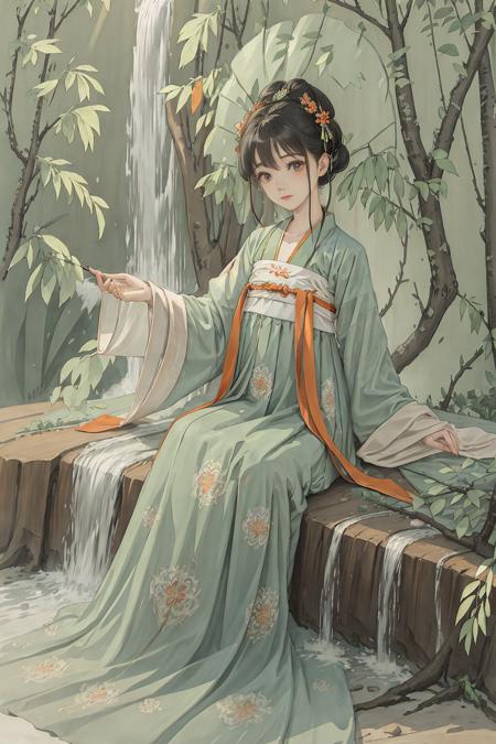 shukezouma,masterpiece, highres, best quality, professional lighting, photon mapping, radiosity, physically-based rendering,1girl solo, sitting,countless waterfalls flowing down from the mountains, pine trees and flowering trees,<lora:hanfutang_v30:0.5>,hanfu, tang style outfits, light green upper shan, orange chest po skirt,red with white waistband