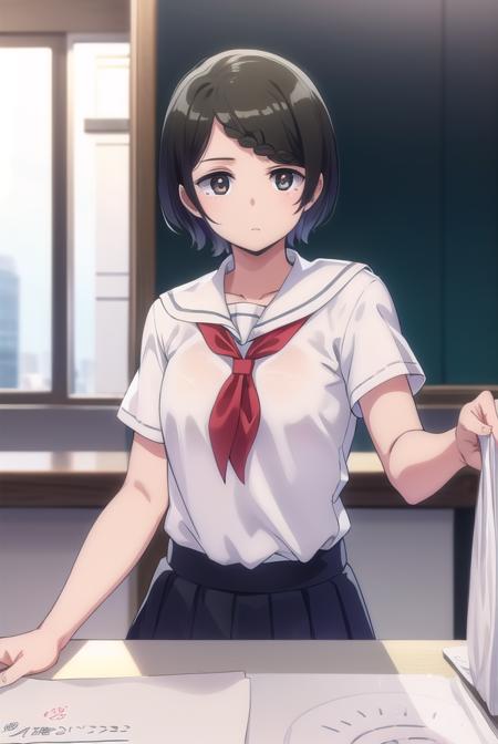 aitanahara, <lora:ai tanahara anime s1-lora-nochekaiser:1>, 
ai tanahara, short hair, black hair, hair ornament, (brown eyes:1.3), hairclip, (swept bangs:1.5), (flat chest:1.2),
BREAK shirt, white shirt, collared shirt, neckerchief, red neckerchief, skirt, black skirt,
BREAK indoors, classroom,
BREAK looking at viewer,
BREAK <lyco:GoodHands-beta2:1>, (masterpiece:1.2), best quality, high resolution, unity 8k wallpaper, (illustration:0.8), (beautiful detailed eyes:1.6), extremely detailed face, perfect lighting, extremely detailed CG, (perfect hands, perfect anatomy),