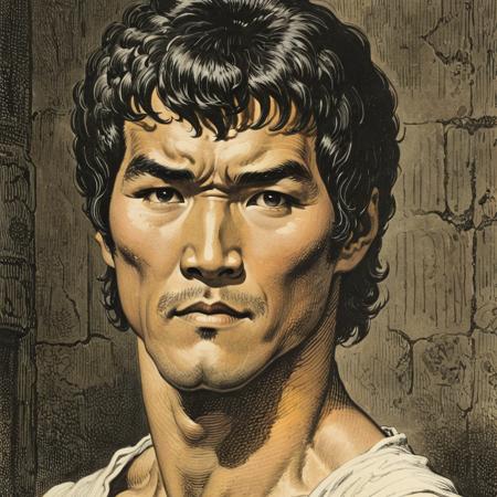 (woodcut illustration:1.2) in detailed gustavedore style, book illustration, crisp even lines, medium contrast, Tenebrism
portrait of Bruce Lee (Hong Kong-American martial artist, actor), detailed eyes, 
by gustave dore <lora:GustaveDore_StyleXLv6.1:0.95>  <lora:xl_more_art-full_v1:0.35> <lora:add-detail-xl:0.45>