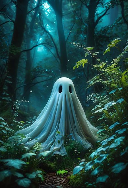 Charming ghost, photorealistic, woodland scene, detailed plants, dim lighting, whimsical ambiance, ultra-high resolution, natural colors, cinematic shot, close-up view, medium shot, wide-angle view, low-angle shot, high-angle shot, expressive eyes, smooth textures, gentle glow, magical atmosphere, balanced composition, dynamic flow, peaceful vibe, enchanted forest, 
 <lora:zavy-cntrst-sdxl:1> dark, chiaroscuro, low-key  <lora:SDXLHighDetail_v5:1> <lora:dark_weather:1>
