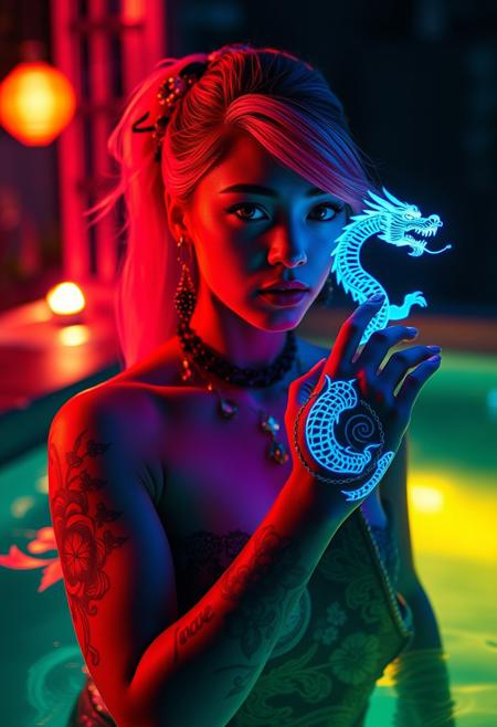 Cinematic view with a bokeh effect of an illuminated pool containing a gorgeous super-petite tattooed heroine wearing magical jewelry and a handbra with a bioluminescent dragon under UV light. The heroine has bright hair and eyes, and Chinese tattoos with glowing ink.