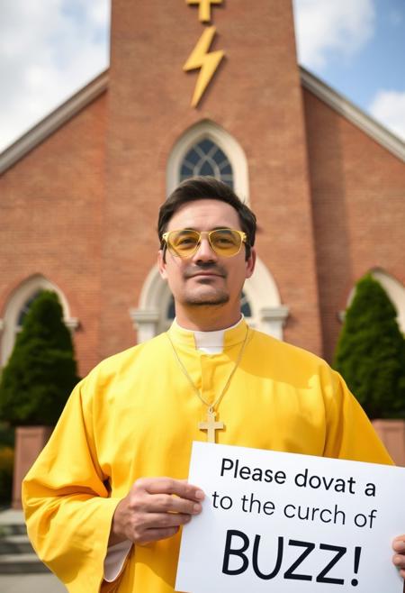 Man wearing yellow tinted glasses and a yellow priest uniform in front of church like building which has a gold lightning bolt symbol on its spire roof, he is wearing golden lightning bolt symbol necklace prominently visible, he is holding sign with text "Please donate to the church of BUZZ!". No cross symbol.