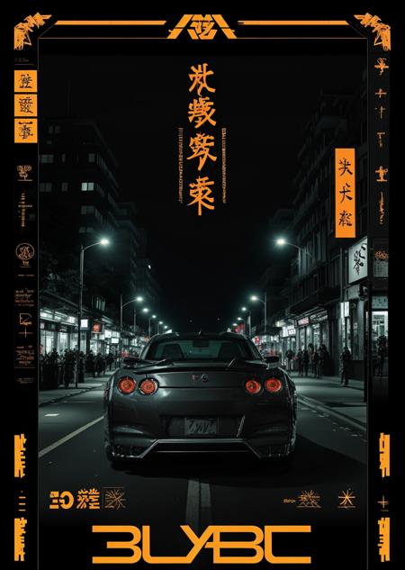 (((heavy font title))), (poster, texts, logos, black and red, glyphs), (3/4 view of nissan skyline gtr) (in a city at night scenery), ((best quality)) , <lora:acid 3:1> <lora:skylineR34-v1.0:0.1>