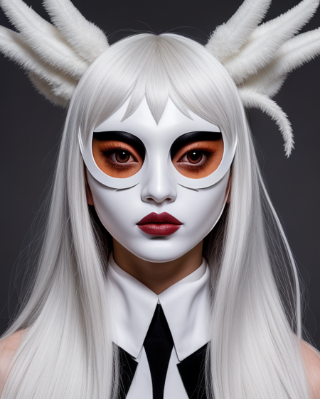 Lucia maria jorgos's fashion mask is textured white, Australian woman, in the style of chiho aoshima, demonic photograph, deborah azzopardi, dollcore, aries moross, playfully conceptual, appropriation artist high fashion, fashion week style raw