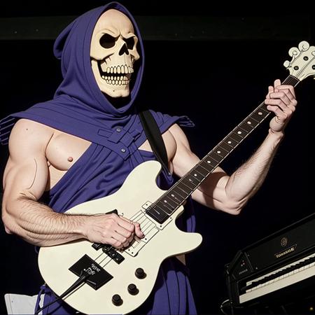 close up, a photo of skeletor playing in a band