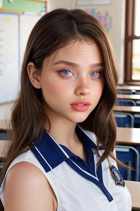 21 years old, 1girl,  masterpiece, best quality, (photorealistic:1.4),  classroom, a photo of a beautiful woman, shag hairstyle, school uniform , blue eyes, light brown hair  Nicole_Wallace_B-3450