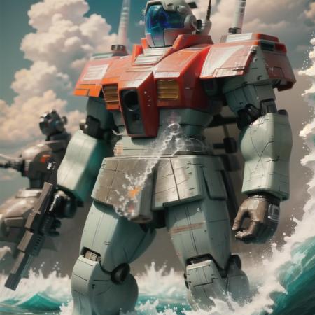 (masterpiece, best quality, ultra-detailed,cinematic scene), extreme detailed,highest detailed, best illumination, 8K,mecha, Long shot, professional shot, standing on a battleship, cloudy sky, jets, turbulent sea water,<lora:JM:1>