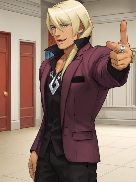 kl4vier, dark-skinned male, blonde hair, blue eyes, purple jacket, black shirt, black pants, jewelry, necklace, ring, earring,