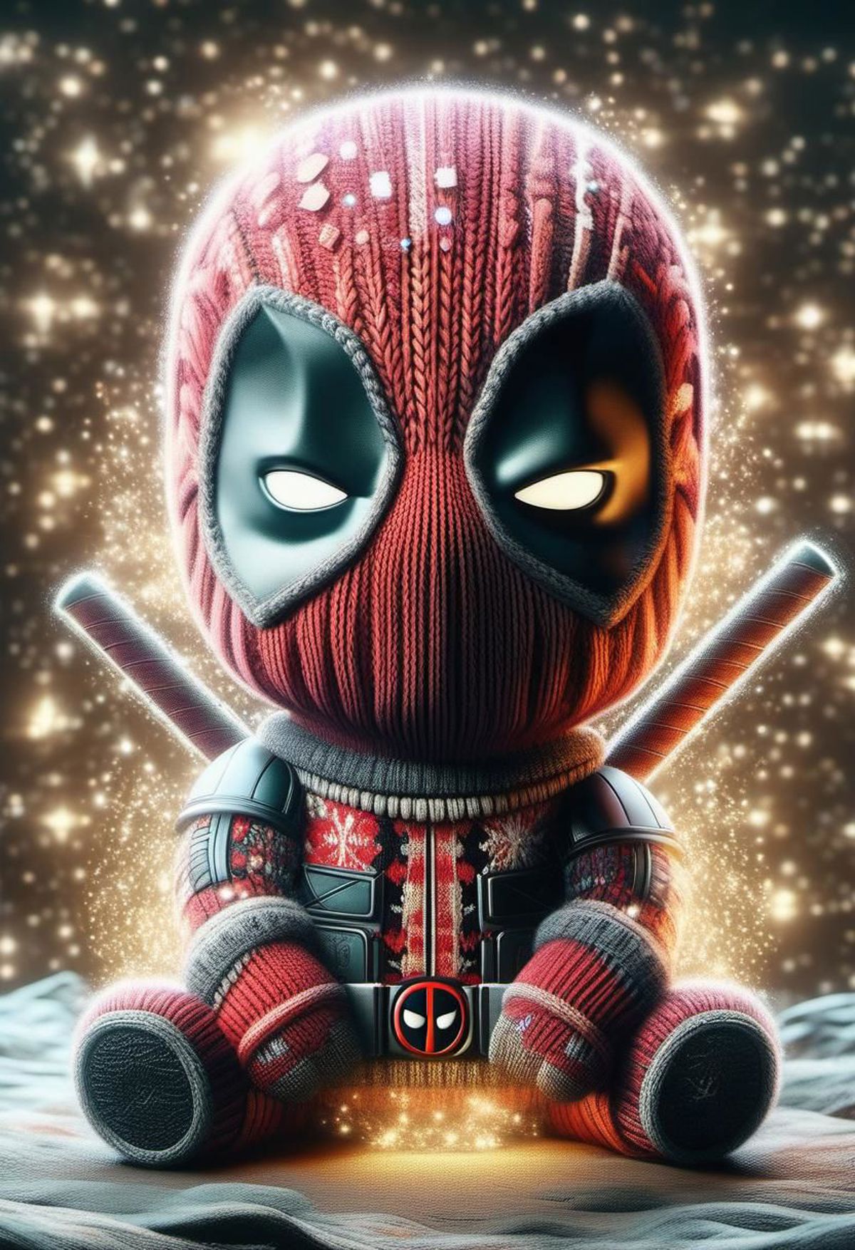 A Deadpool toy with a knitted sweater and a sword.