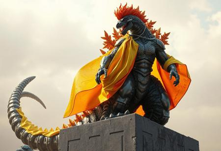 "Featured on Artstation, this 2019 myminifactory creation showcases a Mecha-inspired Godzilla, sitting atop a cement block, draped in golden oil and vibrant, gradient glass art (yellow to red), inspired by Uragami Gyokudō and Tōichi Katō. The character, with spiky orange hair, stands in a dynamic action pose. The high-res, 4K artwork boasts vivid emotions, sharp lines, stunning colors, and lifelike details. Rendered with Octane and Unreal Engine 5, it showcases captivating lighting, intricate details, and a powerful message. Trending on Artstation, this cinematic, hyperrealistic oil on canvas painting excels in photo realism, with 8K detail post-processing."