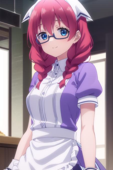 miuamano, <lora:miu amano s1-lora-nochekaiser:1>,
miu amano, long hair, bangs, blue eyes, braid, red hair, glasses, twin braids, semi-rimless eyewear, under-rim eyewear, smile,
BREAK skirt, shirt, thighhighs, gloves, short sleeves, pleated skirt, glasses, puffy sleeves, white gloves, apron, white thighhighs, puffy short sleeves, waist apron, purple skirt, purple shirt, waitress, head scarf,
BREAK indoors, restaurant,
BREAK looking at viewer, (cowboy shot:1.5),
BREAK <lyco:GoodHands-beta2:1>, (masterpiece:1.2), best quality, high resolution, unity 8k wallpaper, (illustration:0.8), (beautiful detailed eyes:1.6), extremely detailed face, perfect lighting, extremely detailed CG, (perfect hands, perfect anatomy),