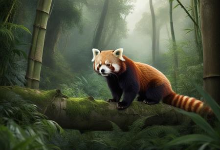 The image is a digital illustration of a mysterious and strange scene in a forest. The focal point of the image is close-up a red panda perched high in the trees in the middle of the frame. The undergrowth is made up of bamboo. The background is filled with tall trees and ferns, creating a canopy of dense greenery. in the distance Himalayan mountain range