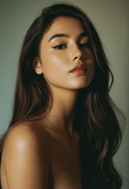 A portrait of an attractive cute 18yo,eyeliner,makeup,showcasing her jawline with goosebumps on skin, skin texture, soft shiny shoulder, cleoptara, with long hair, (soft lighting from one large softbox directly above and in front of her:1.1). The scene is shot with (Kodakportra1600:1.1) (filmgrain:1.1) (Analogcamera:1.1) (Sharpdetails:1.1) (50mm:1.1)light.dramatic lighting, soft shadows, rich textures, moody atmosphere, Kodak Portra film , grainy, vintage, retro aesthetic