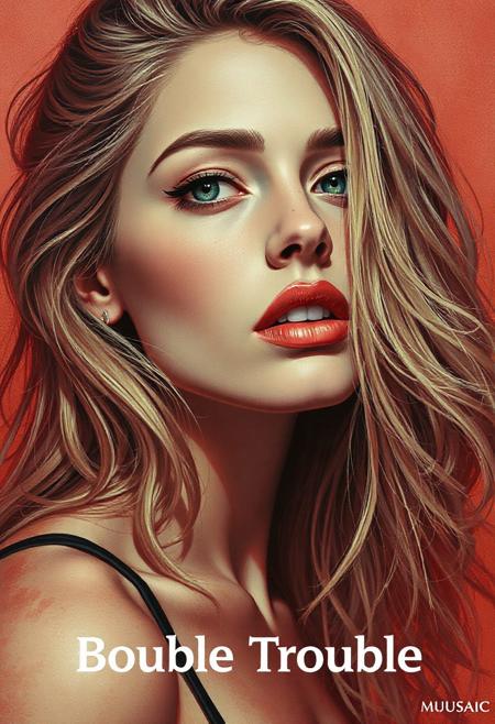 high quality design aesthetics, disco, synth pop, dynamic, detailed, pop album cover, melancholic, beautiful young white woman, artist name "MUSAIC", album title "Bouble Trouble"