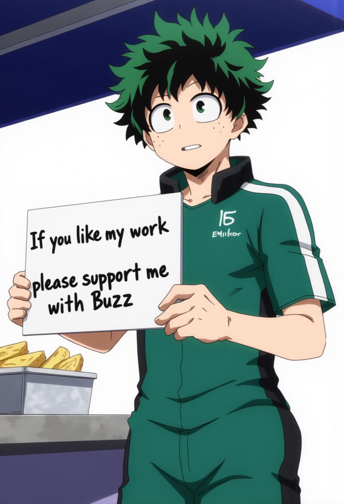 a man in a green uniform holding a sign that say "If you like my work, please support me with Buzz", izuku_midoriya, he is working in a food stall at the street, looking at viewer, he is happy and smiling