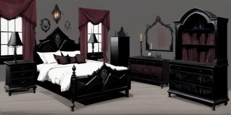 <lora:concept art-v1.0:1> concept art, Dark and Mysterious, Victorian Bedroom, Antique Wooden Furniture, Deep Purple and Black Tones, Dim Candlelight, Enchanting Atmosphere, Witchcraft-themed Decor, Bookshelves filled with Spellbooks, Cauldron Bubbling with Potions, Eerie and Magical Mood