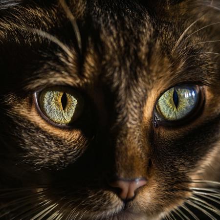 Photo of a cat's eye, intensely illuminated, capturing the intricate details of its iris and fur. The rest of the feline's face is hidden in shadows, creating a sense of intrigue and curiosity