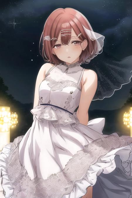 Madoka Higuchi,
1girl, solo, brown hair, short hair, mole under eye, mole, purple eyes, hair ornament, hairclip, looking at viewer, bangs, Illustration, night, 1girl, upper body, (white wedding dress), arm behind back, waiting for kiss, looking at viewer, happy, blush,

 <lora:shiny-sd1-v1:1>