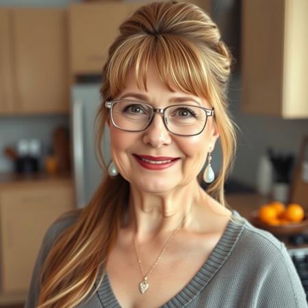 score_9, score_8_up, score_7_up, Expressiveh, high quality, masterpiece, 1woman, older woman, mom, mommy, motherly, mother, full lips, pretty face, long hair, hair bun, updo, long bangs, asymmetric bangs, light brown hair, brown eyes, large natural breasts, wide hips, plump, soft, rimless glasses, large teardrop earrings, long eyelashes, kitchen, morning, soft lighting, volumetric lighting, smile, happy, nacked